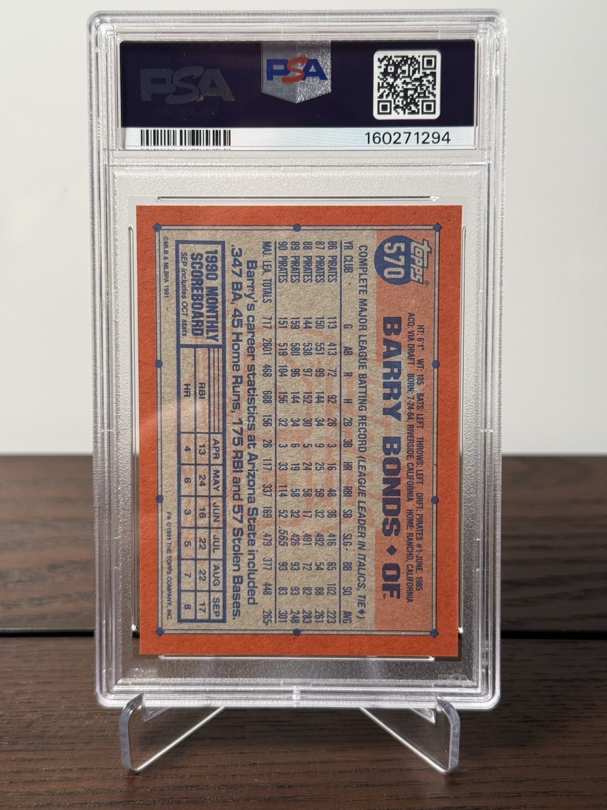 1991 Topps Barry Bonds #570 PSA 10 GEM MINT Pittsburgh Pirates Vintage view 2