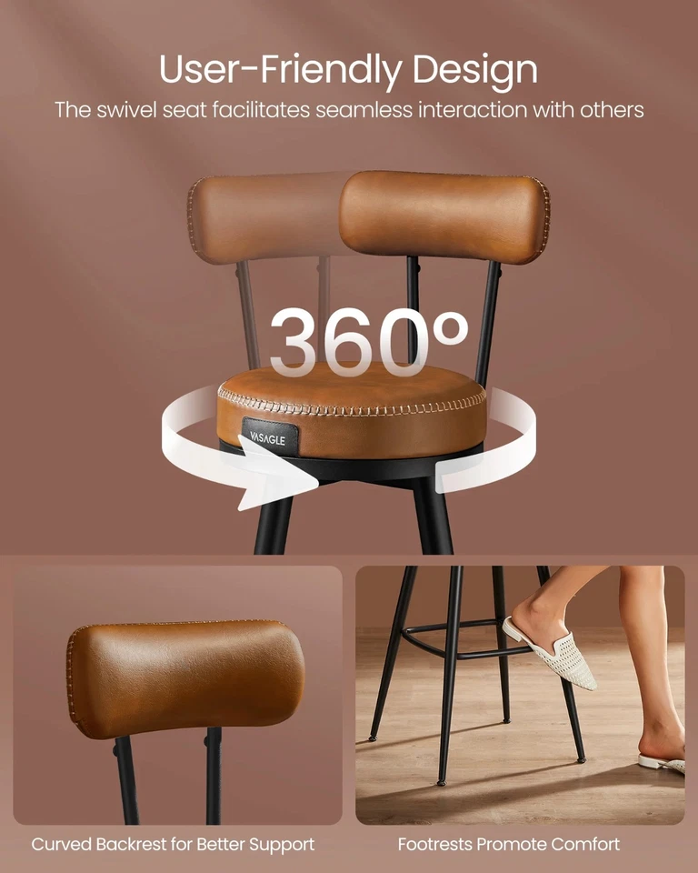 Set of 2 Swivel Bar Stools with Backs, Synthetic Leather Counter Chairs - Image 4 of 4