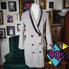 Vintage 90s DBY Ltd Gray Plaid Blazer Dress Burgundy Velvet Trim 90s Power Suit
