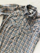 Men s Wrancher by WRANGLER Blue Plaid Pearl Snap Button Western S/S Shirt L