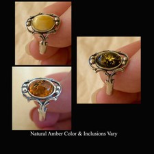 BALTIC BUTTERSCOTCH GREEN or HONEY AMBER STERLING SILVER HANDMADE RING