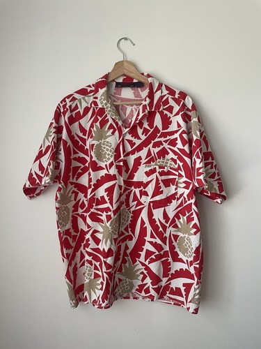 Baracuta, Vtg Baracuta Van Heusen Hawaiian Shirt Pineapple Single Stitch Red White Size L