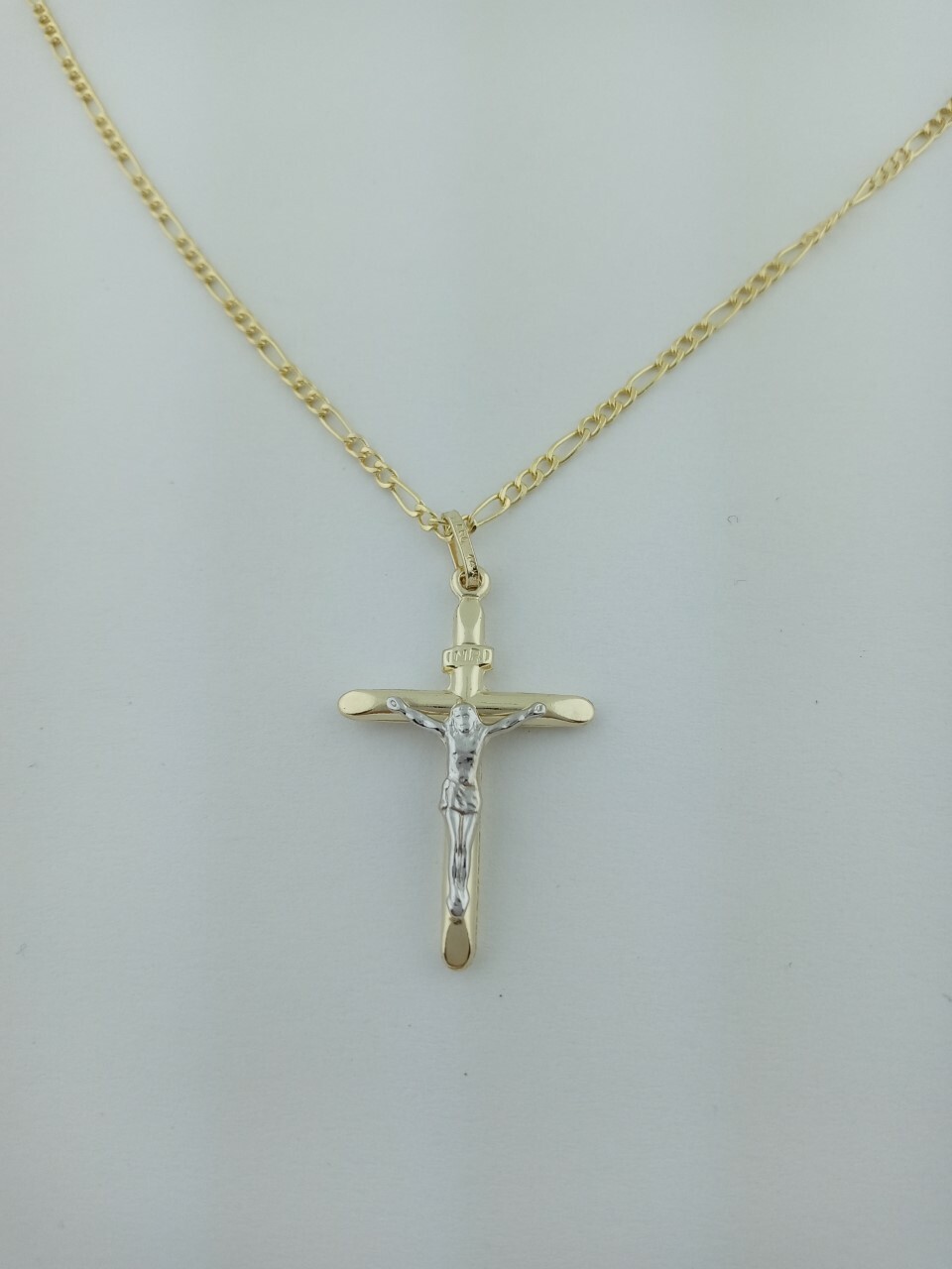 14K Solid Gold 2 Tone Italian Cross with 16" Italian figaro chain eBay