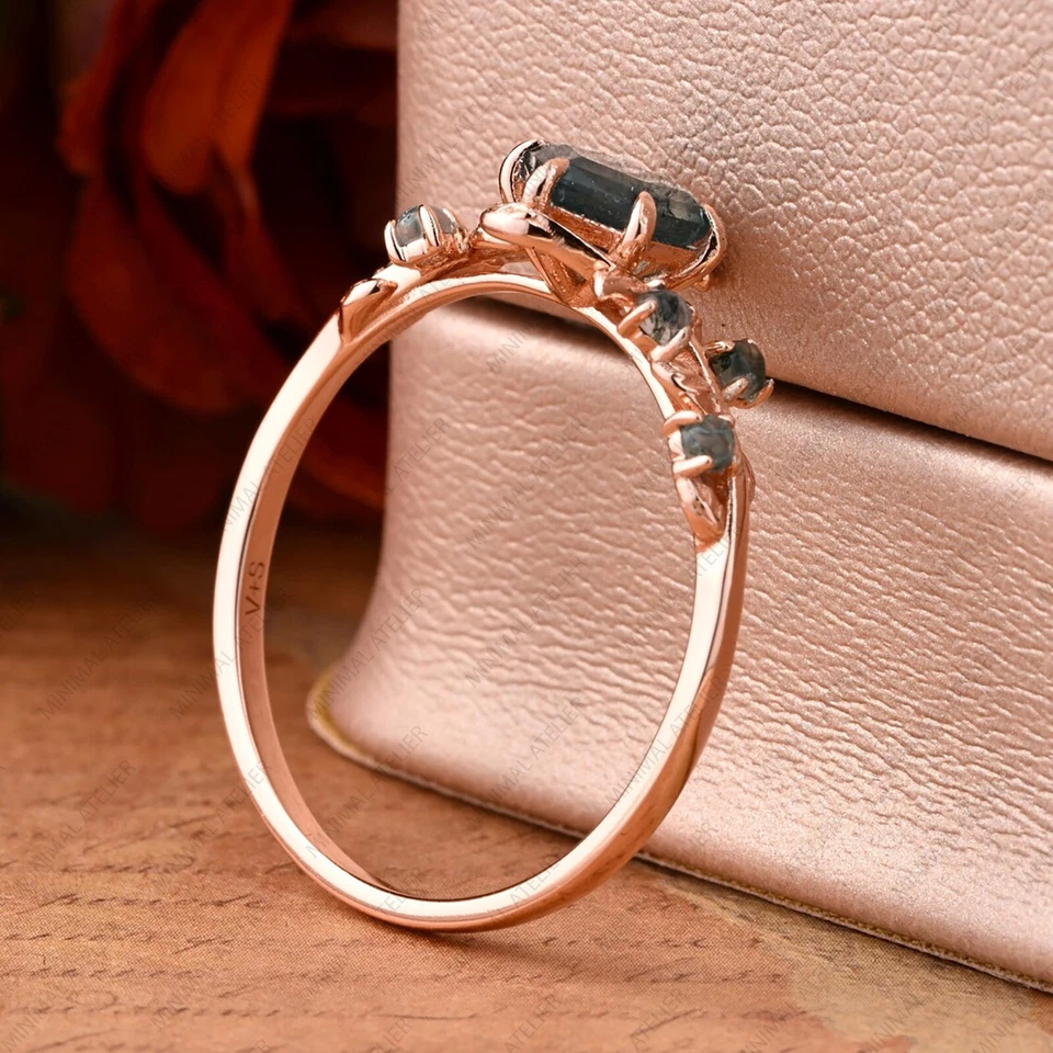 Anillo de boda con piedras preciosas de ágata musgo corte hexagonal enchapado en oro rosa de plata esterlina 925 Foto 3 de 4