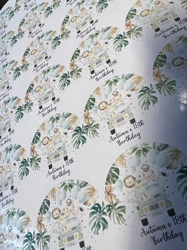 Pegatinas personalizadas para fiesta de cumpleaños de Jungle Wild para conos dulces Foto 3 de 4