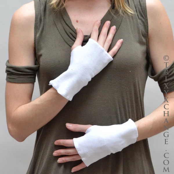Cotton Fingerless Gloves with Thumb Holes White Cut Out Smoking