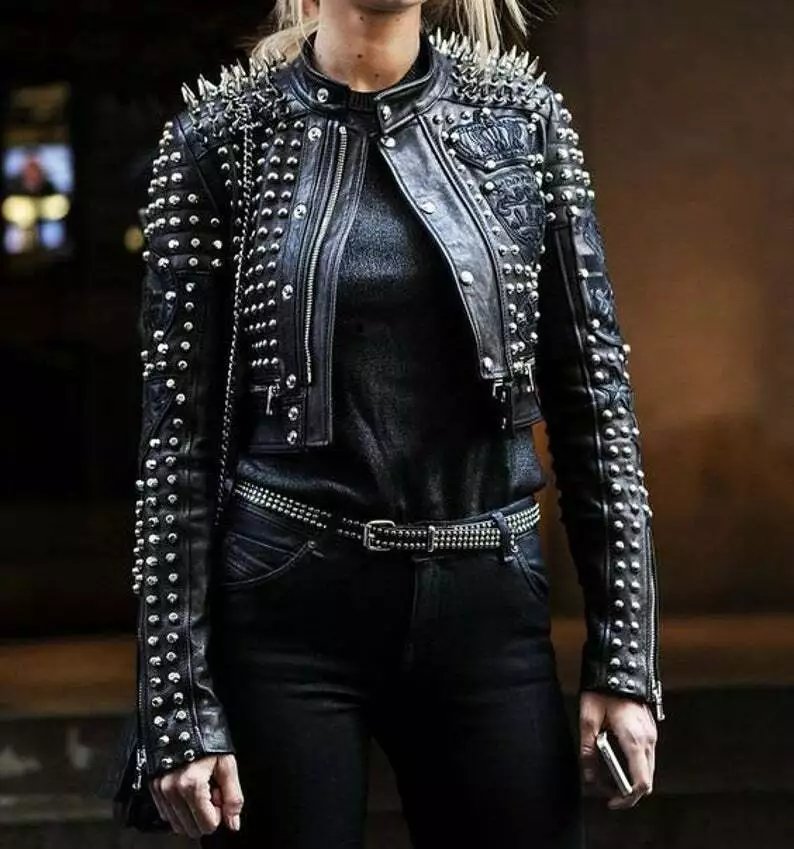 Studded Women's Leather Bomber Jacket