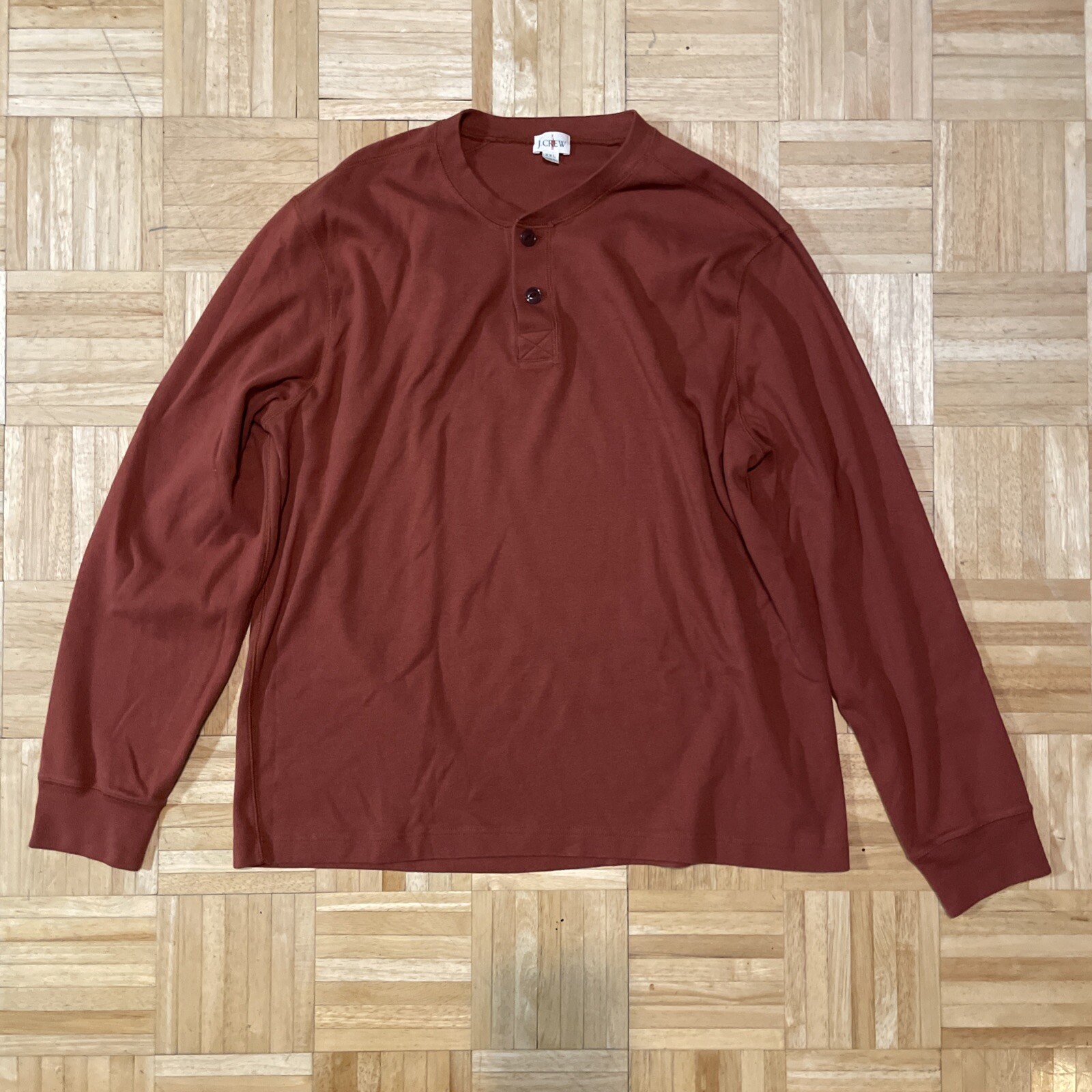FILA Camicia vintage J Crew Remi Henley uomo XXL 2XL rosso mattone Heritage maglia a costine spazzolata