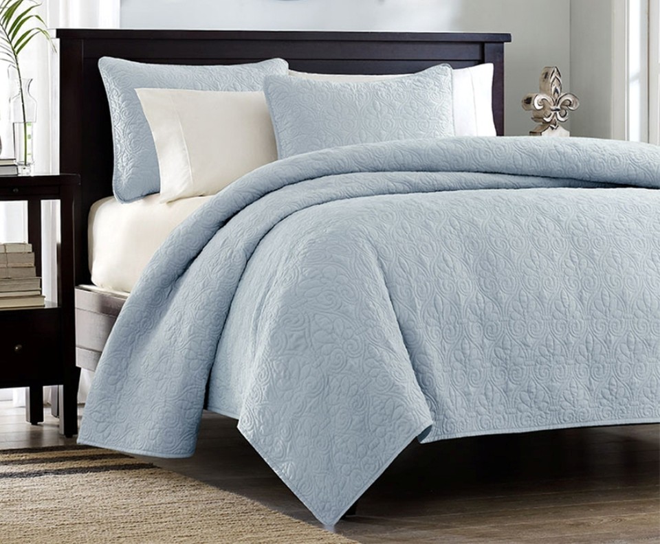SKY BLUE MATELASSE 3pc King QUILT SET COTTON FILL QUILT COVERLET