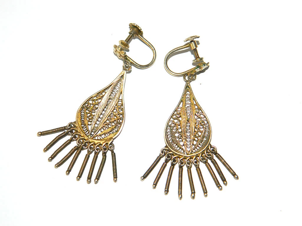 Gilt Silver Filigree DANGLE EARRINGS Tear Shaped Vintage Italian Jewelry 1910s