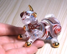 maroon Blue Cat figurine hand blown Art Glass gold trim  3.25" cute decor GIFT