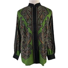 Bob Mackie Mandarin Collar Green Paisley Print Button Front Blouse Large 9586