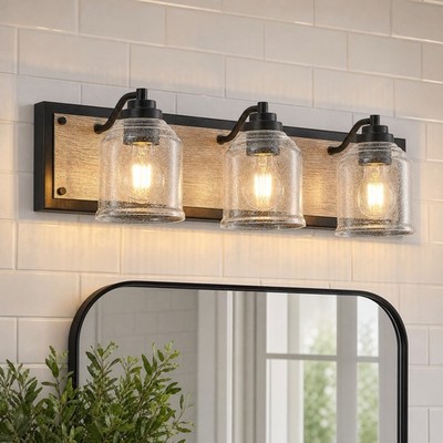 23 inch 3 Lights Black Wood Grain LED Vanity Bathroom Mirror Wall Sconce Fixture