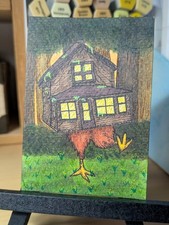 ACEO Original Art Card - Baba Yaga House Brown Mossy Two Story - 2.5in x 3.5in