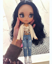 NEO Blythe Doll Black Hair Custom OOAK Matte Face Tan Skin BJD 12" Jointed Body