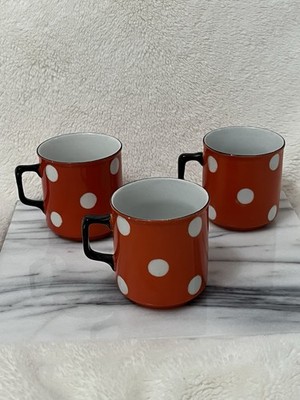 RARE 3 VTG Ceramic Czechoslovakia Orange & White Dots Spots Cups Mugs