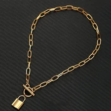 Stainless Steel Toggle Paperclip Chain Padlock Necklace 14k Gold Plated 17" Lock