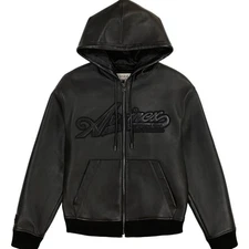 Avirex Genuine Leather Hoodie Men's Jacket USA Logo Classic Bomber Zipper Hooded