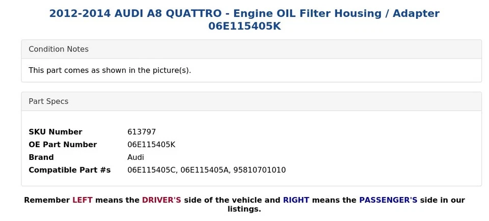 AUDI A8 QUATTRO 2012-2014 - Carcasa/adaptador filtro aceite motor 06E115405K Foto 4 de 4