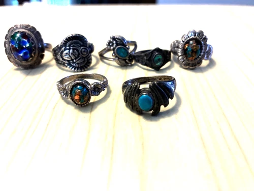 Vintage Lot Of 7 Costume Jewelry Silver Tone Rings -Various Sizes some turquoise