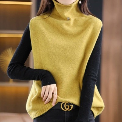 Merino Wool One Button Knitted Vest Women's High Neck Sweater Lloose And Simple 