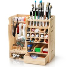 Wooden Art Supply Organizer with Adjustable Compartments, Paint Brush Marke...