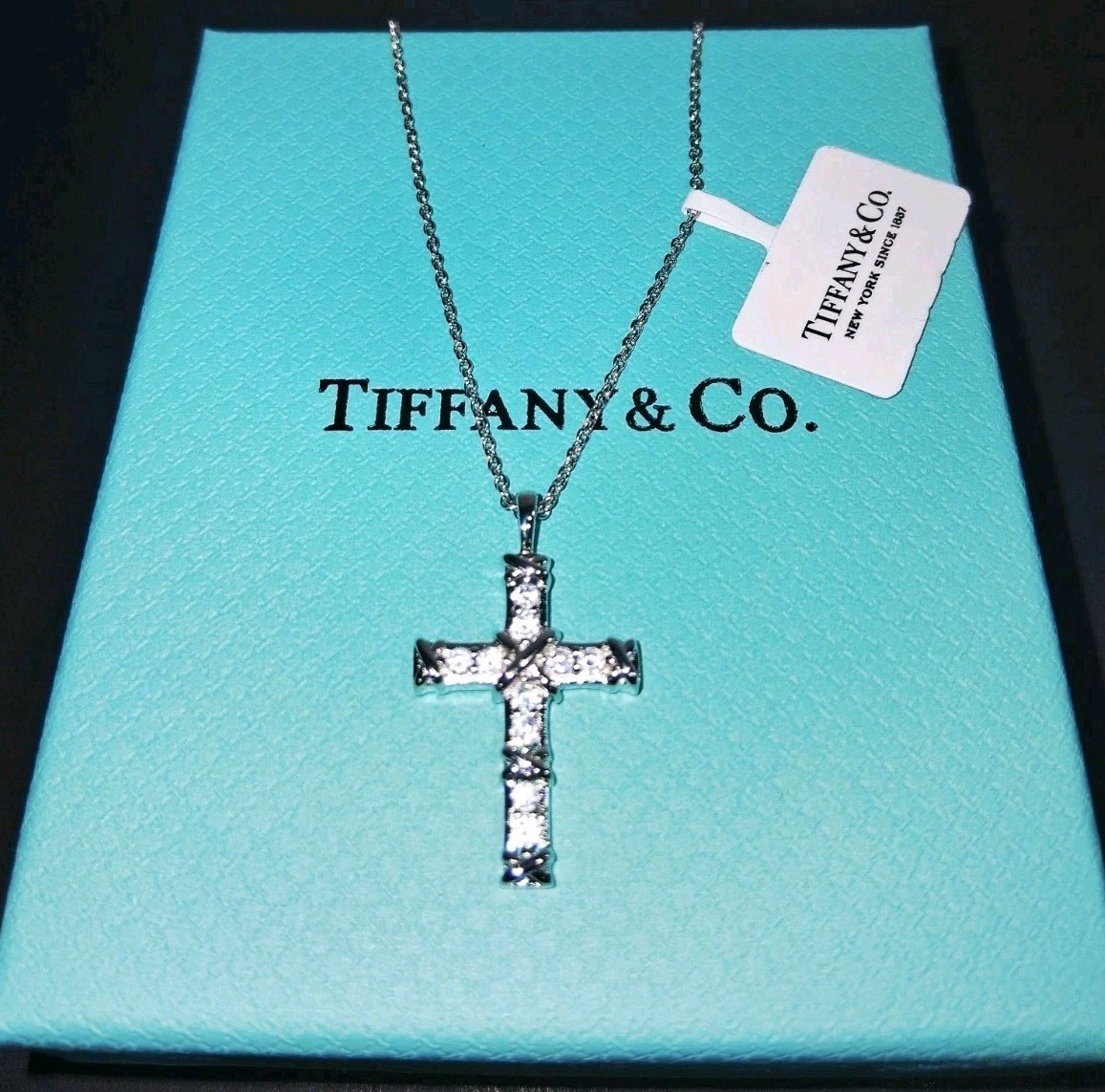 Tlffany & Co .21ct Diamond Platinum Au750 Cross Pendant 17