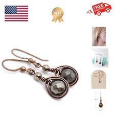Handcrafted Solid Copper Earrings with Pyrite Gemstone Antiqued Copper, 1
