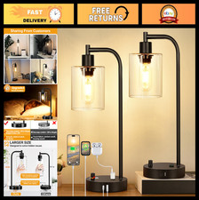 Set of 2 Dimmable Industrial Table Lamps with USB Ports  Outlet, Glass Shade