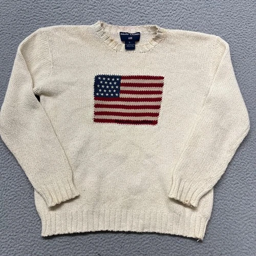 Ralph Lauren Sport Sweater Womens L Cream Flag Knit Pullover American USA