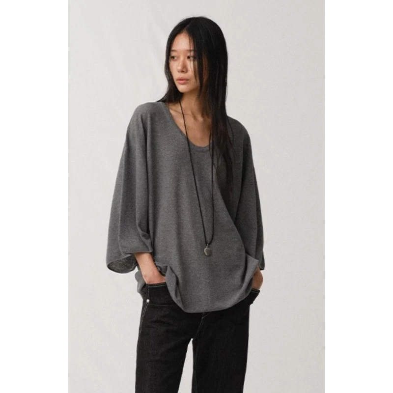 THE ROW Womens Deep U-neck Loose Knitted Tee Long-sleeved Top - Image 3 of 4