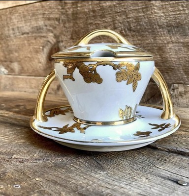 Sugar / Condiment Bowl Gold on White Porcelain w/ Attached Underplate Tablescape
