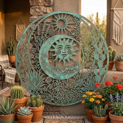 Celestial Sun & Moon Metal Sign, Southwest Outdoor Garden Wall Decor