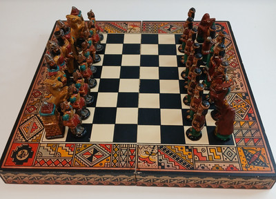 Hand Painted Chess Set Aztec Mayan Incas VS Spanish Conquistadors 10 x 10 