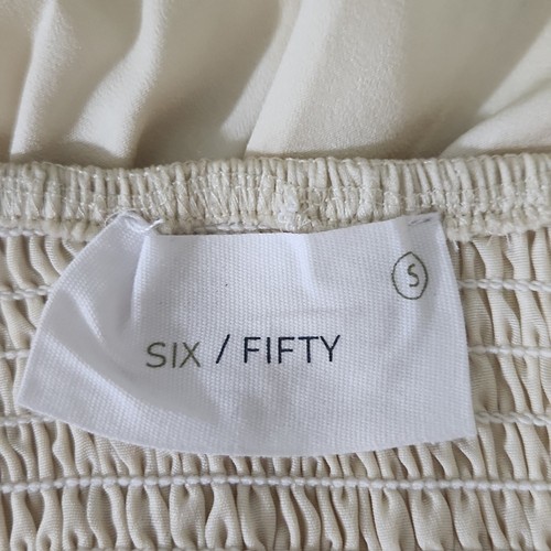 Six/Fifty Women's Ivory Satin Peasant Style Top Size SM Puff Shoulders Smocked - Picture 9 of 12