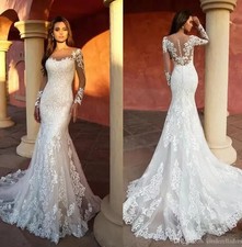 Mermaid Wedding Dresses 3D Appliqued Lace Sheer Neck Long Sleeve Bridal Gowns