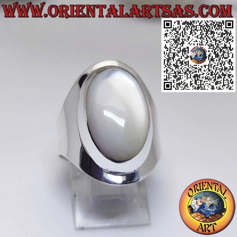 Anello in Argento 925‰ a Fascia Larga con Madreperla Ovale Cabochon - Immagine 2 di 4