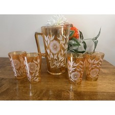 Jeannette Glass Marigold Iridescent Late Sunflowers Pitcher Set Vintage 5 Piece