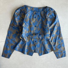 Christian Dior Blouse Vintage 80s L Jacquard Blue Gold Floral 49cm Length