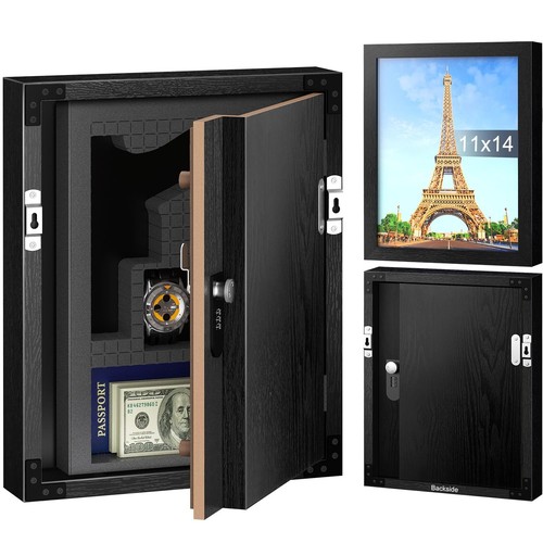 Hidden Lock Safe Picture Frame, Large Secret Compartment, 11x14" Black Decor - Picture 2 of 8