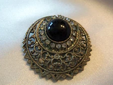 INCREDIBLE Antiqued Gold BLACK Accent Rhinestones EASTERN Shield Brooch 14BR179