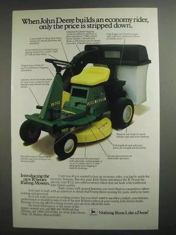 1984 John Deere R70 Riding Lawn Mower Ad Economy
