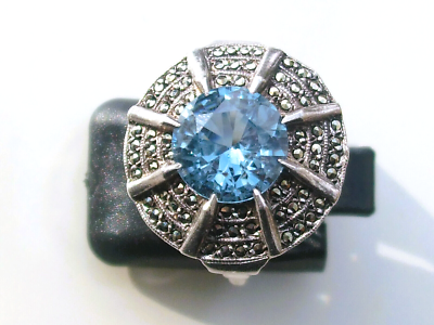 Bague Ancienne Argent 1940/50 Avec Topaze Bleue Et Marcassite - Taille 54 - Occasion