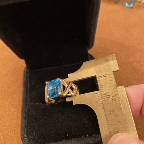 14 KT YG Swiss Blue 5 ct Topaz Lattice Work Ring, Size 6-1/4, 5.795 Grams - Picture 12 of 13