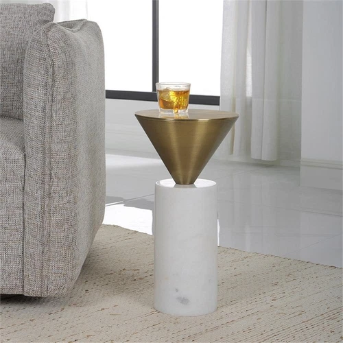 Uttermost Top Hat Contemporary Marble and Steel Drink Table in Brass/White - Picture 1 of 4
