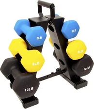 Sign Fitness Colored Rubber Coated Hex Dumbbell Weight Set and Storage Rack