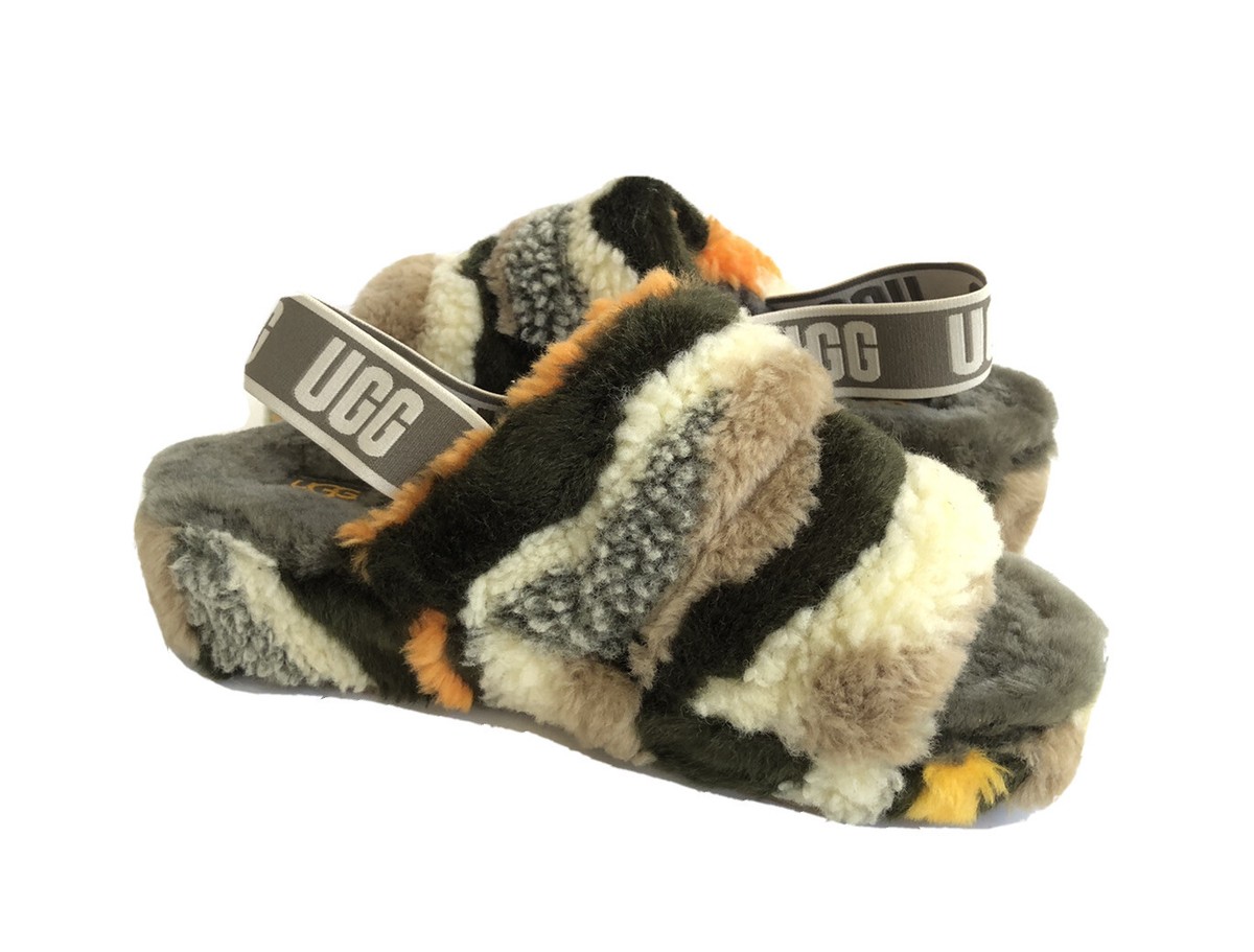 UGG FLUFF YEAH SLIDE CALI COLLAGE OLIVE FAUX FUR SANDAL US EU