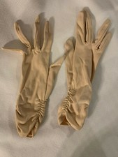Vintage Ladies Long Gloves, Beige Nylon, Size 6-7 1/2  