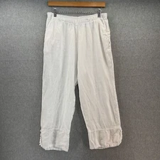 Match Point Size Medium Cropped Linen Pants White Wide-Leg Elastic Waist Pockets