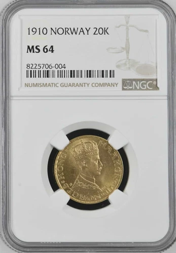 NORWAY , GOLD 20 KRONER  1910 - ONE YEAR TYPE - NGC MS 64 , RARE1